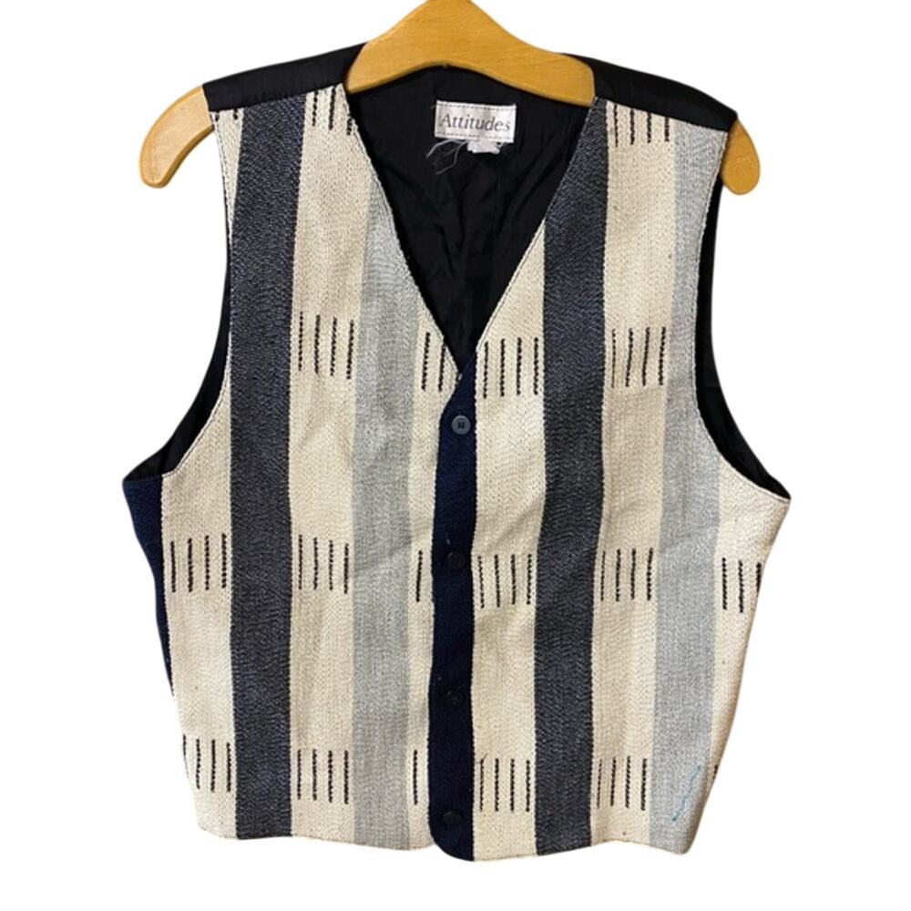 Attitudes vintage Black vertical stripes Vest USA made 90s grunge large artsy